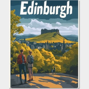 Two hikers admire the breathtaking skyline of Edinburgh, featuring the iconic castle atop a hill surrounded by lush greenery. This scenic Posters and Art